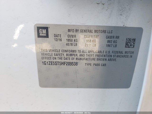45239277 :رقم المزاد ، 1G1ZE5ST5HF209538 vin ، 2017 Chevrolet Malibu 1lt مزاد بيع