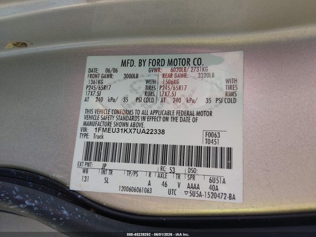Aukcja sprzedaży 2007 Ford Explorer Sport Trac Xlt, vin: 1FMEU31KX7UA22338, numer aukcji: 45239292
