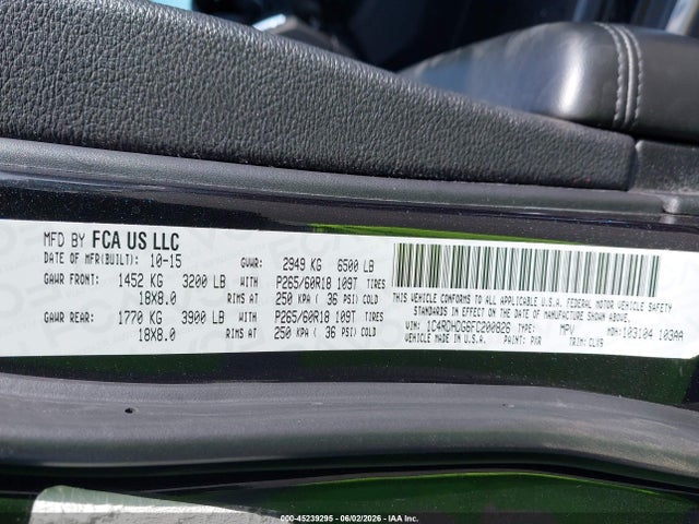45239295 :رقم المزاد ، 1C4RDHDG6FC200826 vin ، 2015 Dodge Durango Limited مزاد بيع
