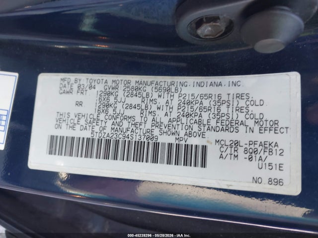 Aukcja sprzedaży 2004 Toyota Sienna Le, vin: 5TDZA23C94S137009, numer aukcji: 45239296