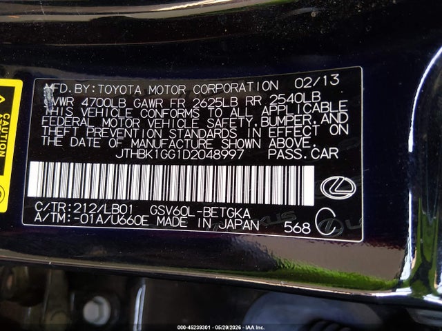 Aukcja sprzedaży 2013 Lexus Es 350, vin: JTHBK1GG1D2048997, numer aukcji: 45239301