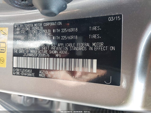 Aukcja sprzedaży 2015 Lexus Nx 200t, vin: JTJYARBZ0F2008576, numer aukcji: 45239315