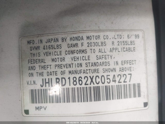 Aukcja sprzedaży 1999 Honda Cr-v Ex, vin: JHLRD1862XC054227, numer aukcji: 45239319