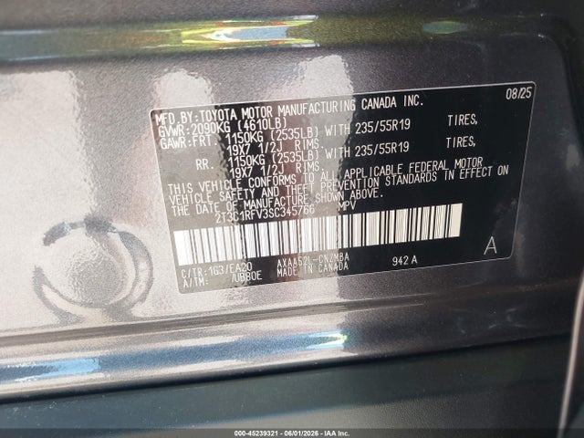 2025 Toyota Rav4 Xle Premium მანქანა იყიდება აუქციონზე, vin: 2T3C1RFV3SC345766, აუქციონის ნომერი: 45239321