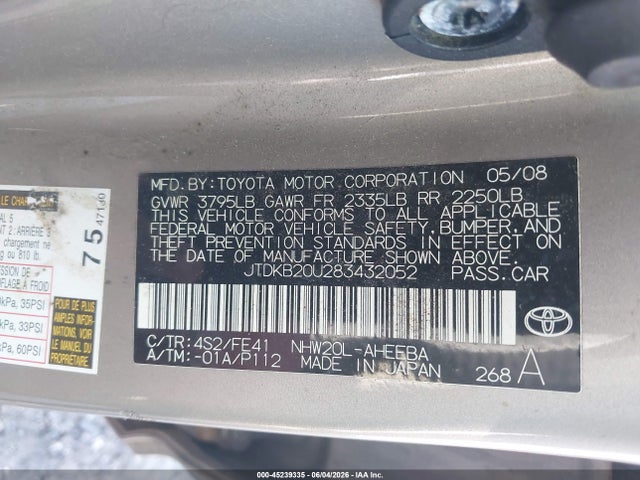 2008 Toyota Prius მანქანა იყიდება აუქციონზე, vin: JTDKB20U283432052, აუქციონის ნომერი: 45239335