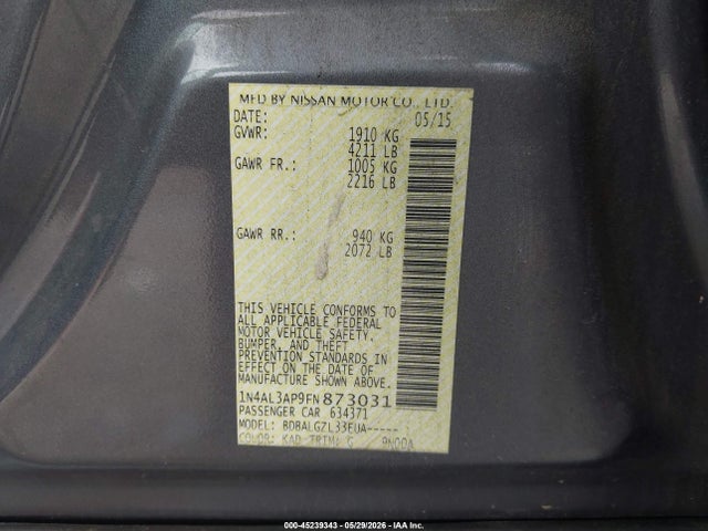 Продажа на аукционе авто 2015 Nissan Altima 2.5/2.5 S/2.5 Sl/2.5 Sv, vin: 1N4AL3AP9FN873031, номер лота: 45239343