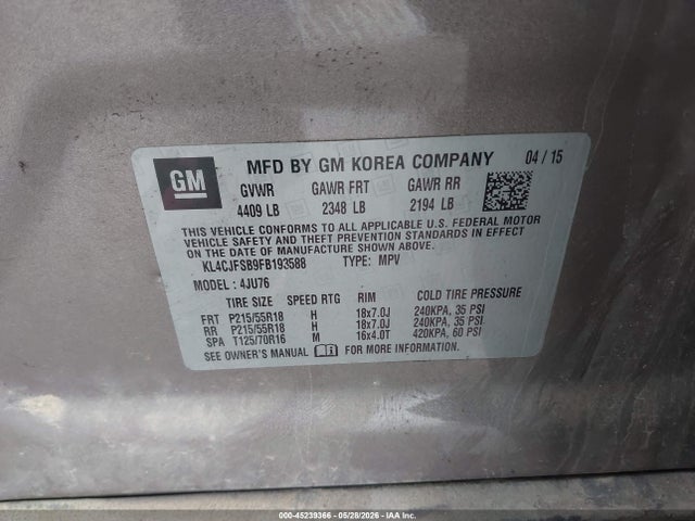 Aukcja sprzedaży 2015 Buick Encore Convenience, vin: KL4CJFSB9FB193588, numer aukcji: 45239366
