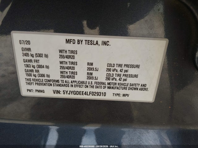45239380 :رقم المزاد ، 5YJYGDEE4LF029310 vin ، 2020 Tesla Model Y Long Range Dual Motor All-wheel Drive مزاد بيع