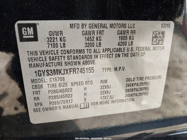 45239384 :رقم المزاد ، 1GYS3MKJXFR745155 vin ، 2015 Cadillac Escalade Luxury مزاد بيع