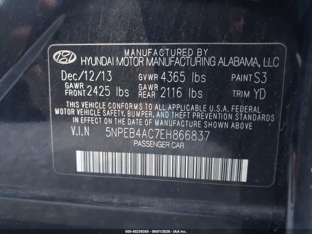 Продажа на аукционе авто 2014 Hyundai Sonata Gls, vin: 5NPEB4AC7EH866837, номер лота: 45239388