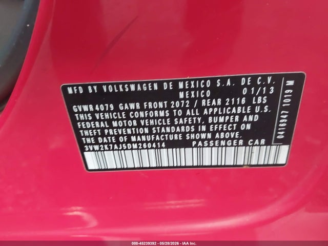 Aukcja sprzedaży 2013 Volkswagen Jetta 2.0l S, vin: 3VW2K7AJ5DM260414, numer aukcji: 45239392