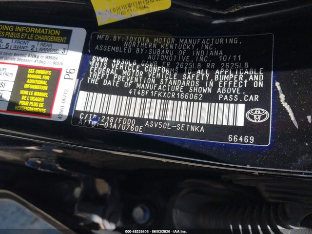 Aukcja sprzedaży 2012 Toyota Camry Le, vin: 4T4BF1FKXCR166062, numer aukcji: 45239408