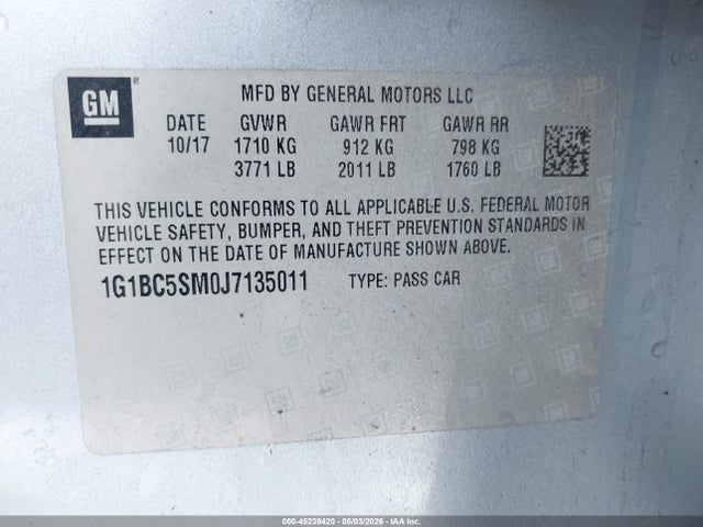Продажа на аукционе авто 2018 Chevrolet Cruze Ls Auto, vin: 1G1BC5SM0J7135011, номер лота: 45239420