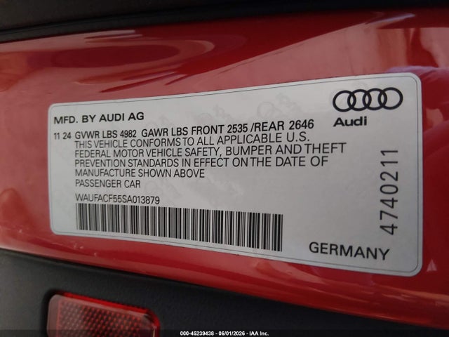 2025 Audi A5 Sportback Premium Plus 45 Tfsi S Line Quattro S Tronic მანქანა იყიდება აუქციონზე, vin: WAUFACF55SA013879, აუქციონის ნომერი: 45239438