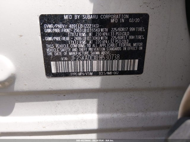 2020 Subaru Forester მანქანა იყიდება აუქციონზე, vin: JF2SKADCXLH530738, აუქციონის ნომერი: 45239444