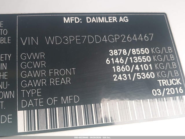 Aukcja sprzedaży 2016 Mercedes-benz Sprinter 2500 Normal Roof, vin: WD3PE7DD4GP264467, numer aukcji: 45239448