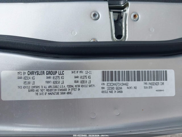 Продаж на аукціоні авто 2012 Dodge Charger Sxt, vin: 2C3CDXHG7CH194462, номер лоту: 45239460