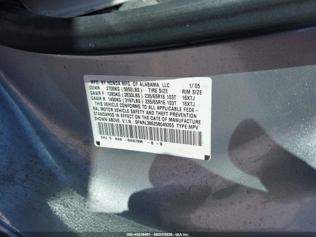 Aukcja sprzedaży 2005 Honda Odyssey Ex-l, vin: 5FNRL38625B049265, numer aukcji: 45239461