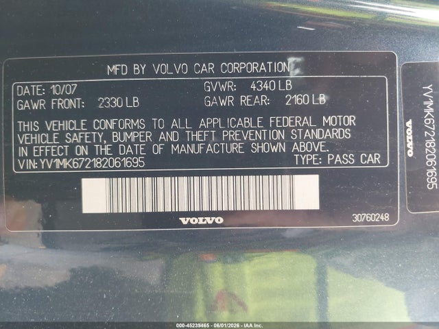 Aukcja sprzedaży 2008 Volvo C30 T5 R-design/t5 Version 1.0/t5 Version 2.0, vin: YV1MK672182061695, numer aukcji: 45239465