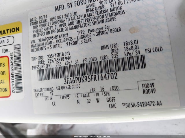 Продаж на аукціоні авто 2015 Ford Fusion Titanium, vin: 3FA6P0K95FR164702, номер лоту: 45239477