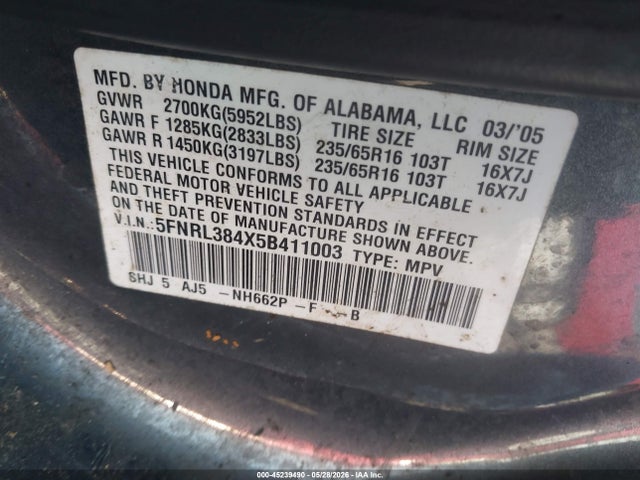 Продаж на аукціоні авто 2005 Honda Odyssey Ex, vin: 5FNRL384X5B411003, номер лоту: 45239490