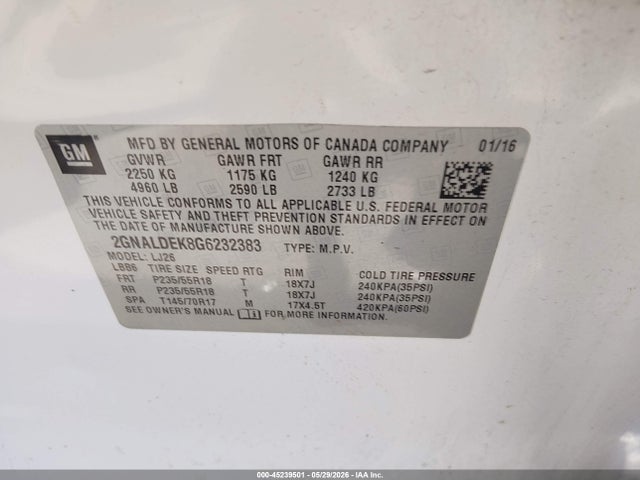 45239501 :رقم المزاد ، 2GNALDEK8G6232383 vin ، 2016 Chevrolet Equinox Ltz مزاد بيع