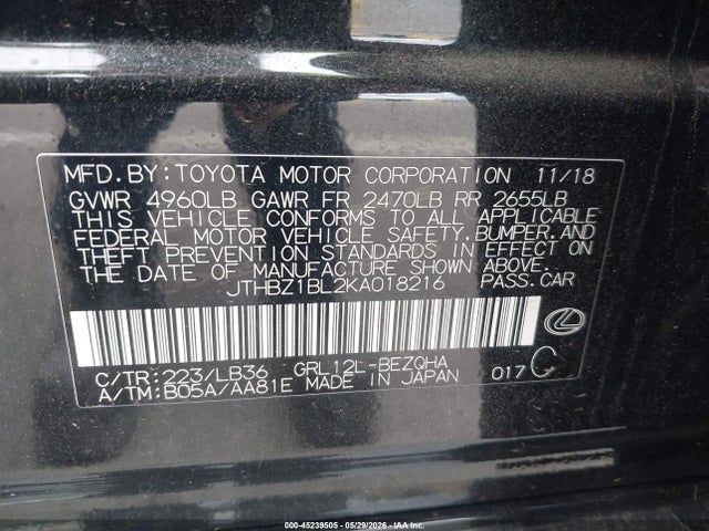 Aukcja sprzedaży 2019 Lexus Gs 350 F Sport, vin: JTHBZ1BL2KA018216, numer aukcji: 45239505