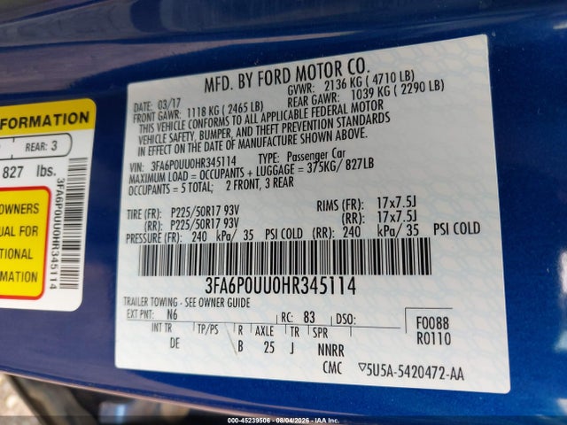 3FA6P0UU0HR345114 Ford Fusion Hybrid S