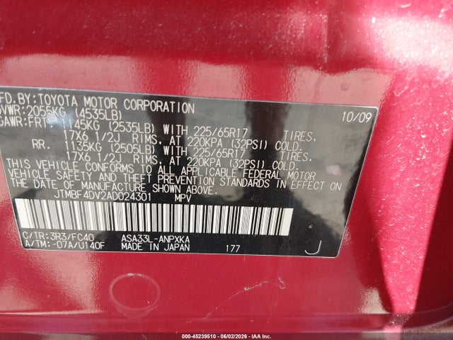 Продажа на аукционе авто 2010 Toyota Rav4, vin: JTMBF4DV2AD024301, номер лота: 45239510
