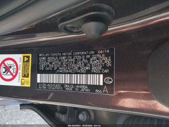 45239523 :رقم المزاد ، JTHKD5BHXE2194382 vin ، 2014 Lexus Ct 200h مزاد بيع