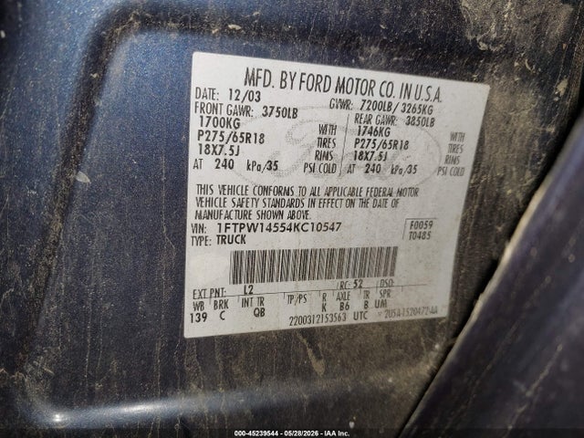 Продажа на аукционе авто 2004 Ford F-150 Fx4/lariat/xlt, vin: 1FTPW14554KC10547, номер лота: 45239544