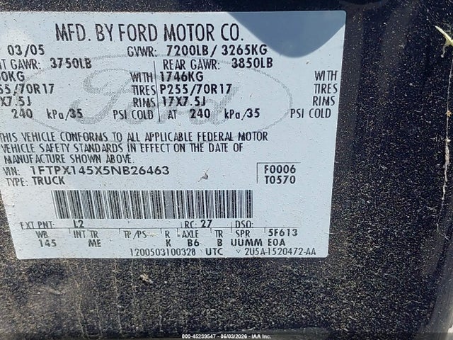 Продаж на аукціоні авто 2005 Ford F-150 Fx4/lariat/xl/xlt, vin: 1FTPX145X5NB26463, номер лоту: 45239547