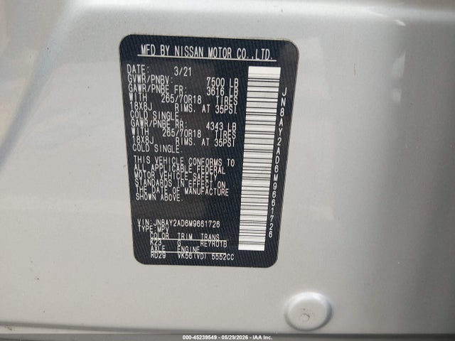 JN8AY2AD6M9661726 Nissan Armada Sv 4wd