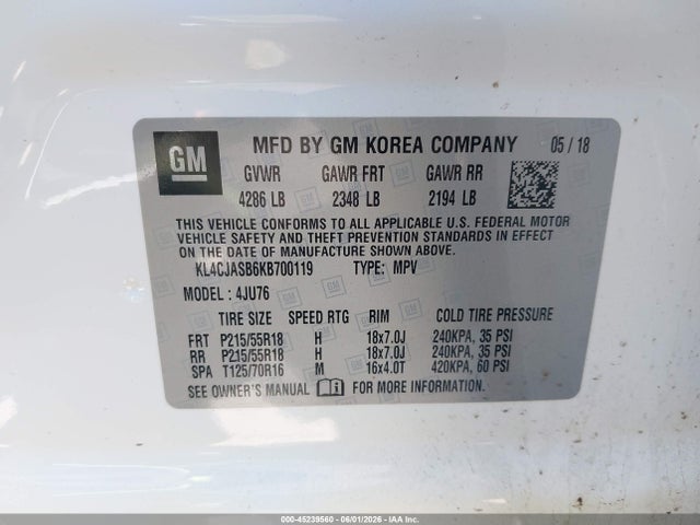 45239560 :رقم المزاد ، KL4CJASB6KB700119 vin ، 2019 Buick Encore Fwd Preferred مزاد بيع