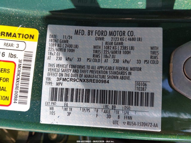 45239583 :رقم المزاد ، 3FMCR9CNXSRE00984 vin ، 2025 Ford Bronco Sport Outer Banks مزاد بيع