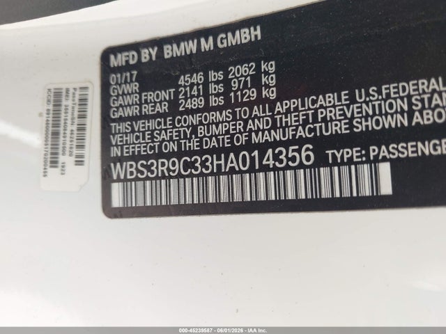 Продажа на аукционе авто 2017 Bmw M4, vin: WBS3R9C33HA014356, номер лота: 45239587