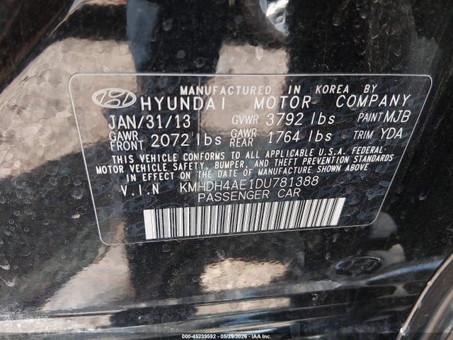 Aukcja sprzedaży 2013 Hyundai Elantra Gls (ulsan Plant), vin: KMHDH4AE1DU781388, numer aukcji: 45239592