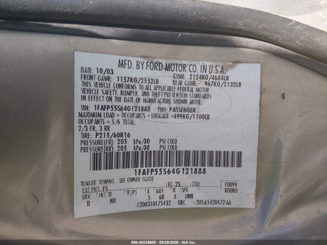 45239600 :رقم المزاد ، 1FAFP55S64G121888 vin ، 2004 Ford Taurus Ses مزاد بيع