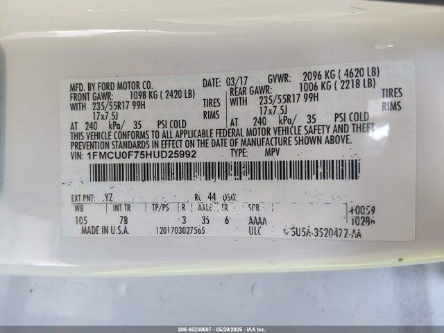 Aukcja sprzedaży 2017 Ford Escape S, vin: 1FMCU0F75HUD25992, numer aukcji: 45239607