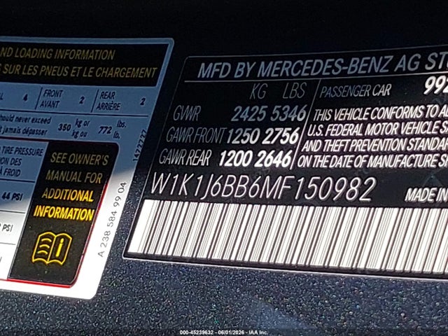 Aukcja sprzedaży 2021 Mercedes-benz Amg E 53 4matic, vin: W1K1J6BB6MF150982, numer aukcji: 45239632