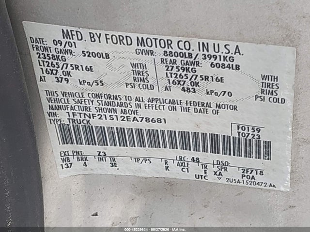 45239634 :رقم المزاد ، 1FTNF21S12EA78681 vin ، 2002 Ford F-250 Xl/xlt مزاد بيع