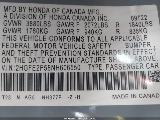 2HGFE2F58NH606550 Honda Civic Sport