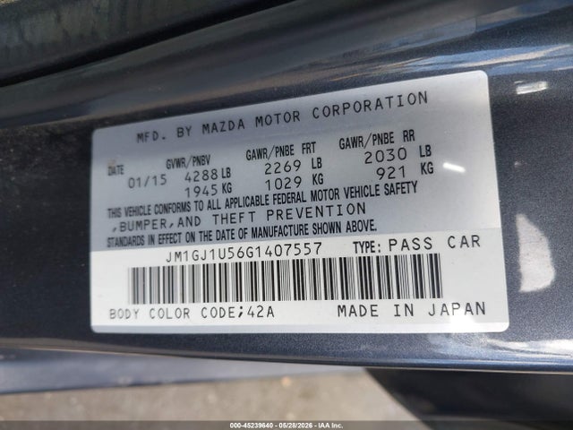 Aukcja sprzedaży 2016 Mazda Mazda6 I Sport, vin: JM1GJ1U56G1407557, numer aukcji: 45239640