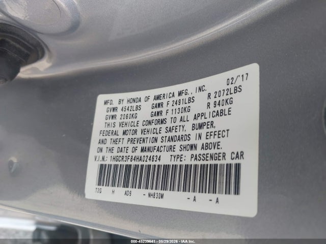 Aukcja sprzedaży 2017 Honda Accord Ex-l V6, vin: 1HGCR3F84HA024634, numer aukcji: 45239641