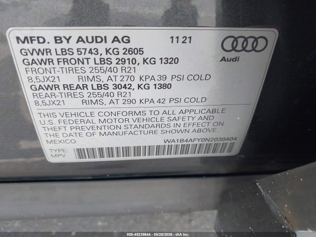 2022 Audi Sq5 Premium Plus Tfsi Quattro Tiptronic მანქანა იყიდება აუქციონზე, vin: WA1B4AFY0N2039404, აუქციონის ნომერი: 45239644
