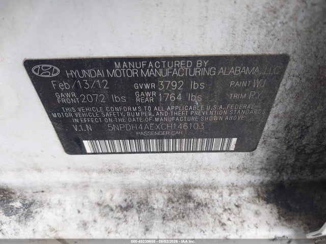 2012 Hyundai Elantra Limited მანქანა იყიდება აუქციონზე, vin: 5NPDH4AEXCH146103, აუქციონის ნომერი: 45239658