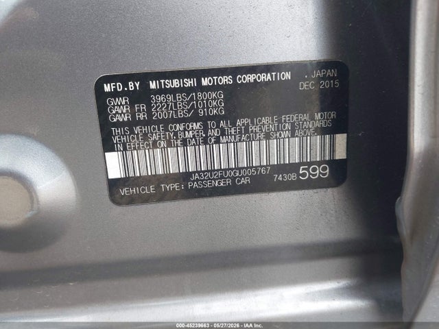 Auction sale of the 2016 Mitsubishi Lancer Es, vin: JA32U2FU0GU005767, lot number: 45239663