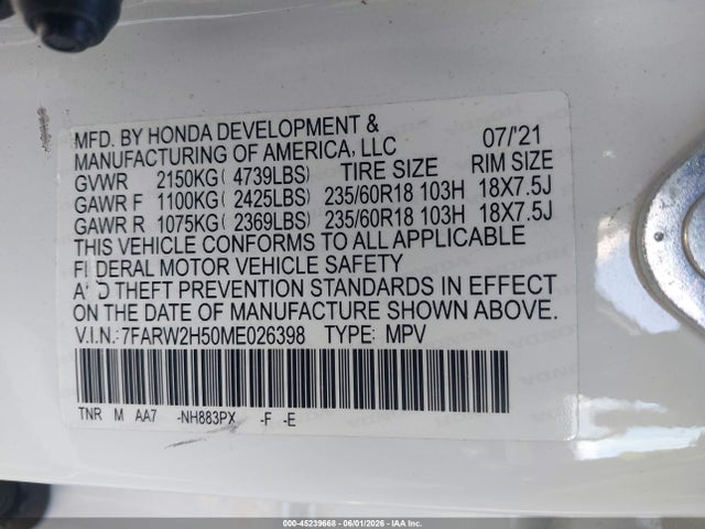 Aukcja sprzedaży 2021 Honda Cr-v Awd Ex, vin: 7FARW2H50ME026398, numer aukcji: 45239668