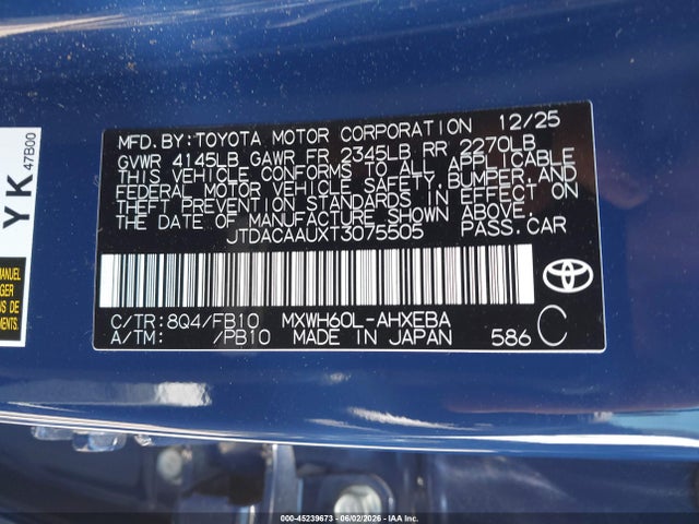 Продаж на аукціоні авто 2026 Toyota Prius Le, vin: JTDACAAUXT3075505, номер лоту: 45239673