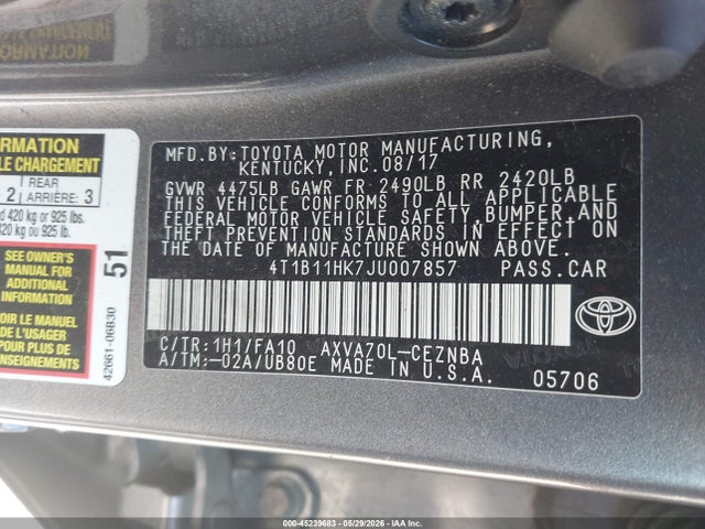 45239683 :رقم المزاد ، 4T1B11HK7JU007857 vin ، 2018 Toyota Camry Le مزاد بيع